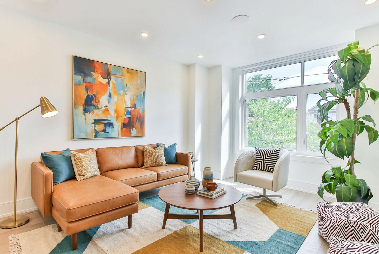 Reimagine this living room mid-century modern with a walnut coffee table, low-pr