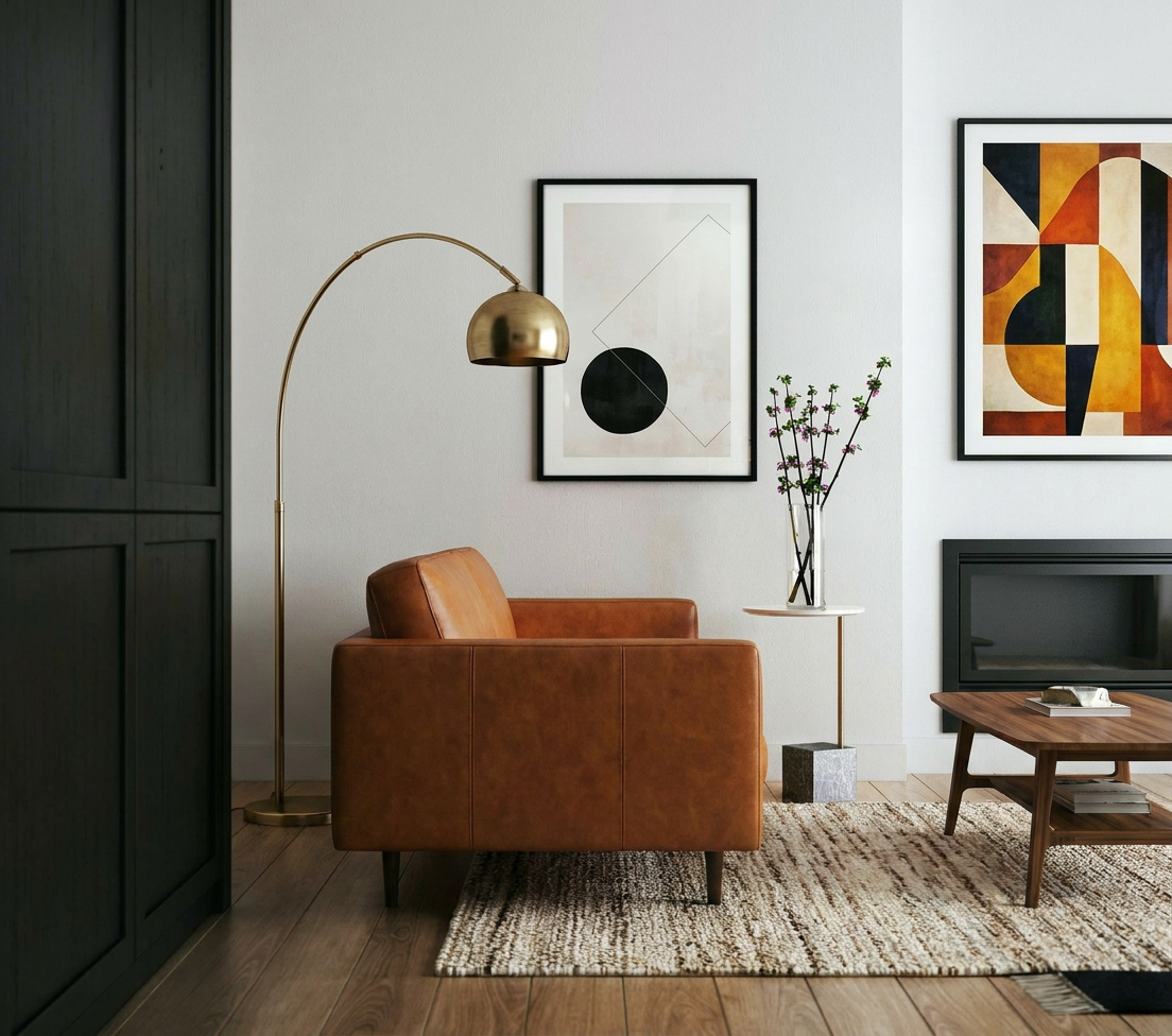 Reimagine this living room mid-century modern with a walnut coffee table, low-pr