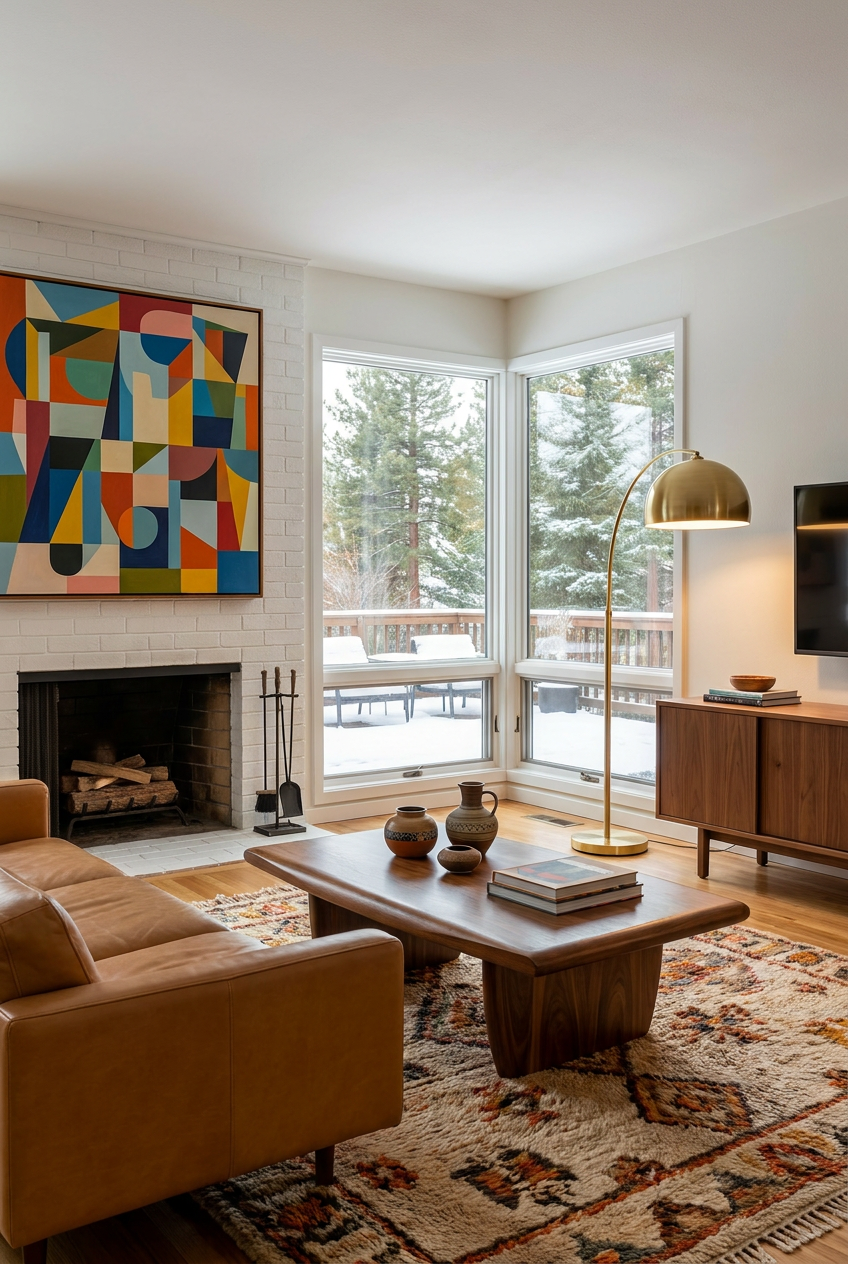 Reimagine this living room mid-century modern with a walnut coffee table, low-pr