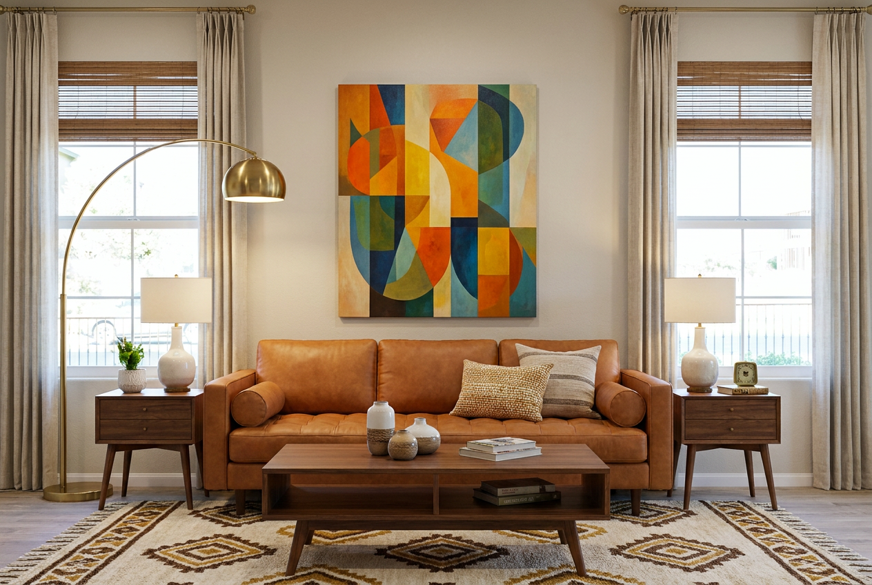 Reimagine this living room mid-century modern with a walnut coffee table, low-pr