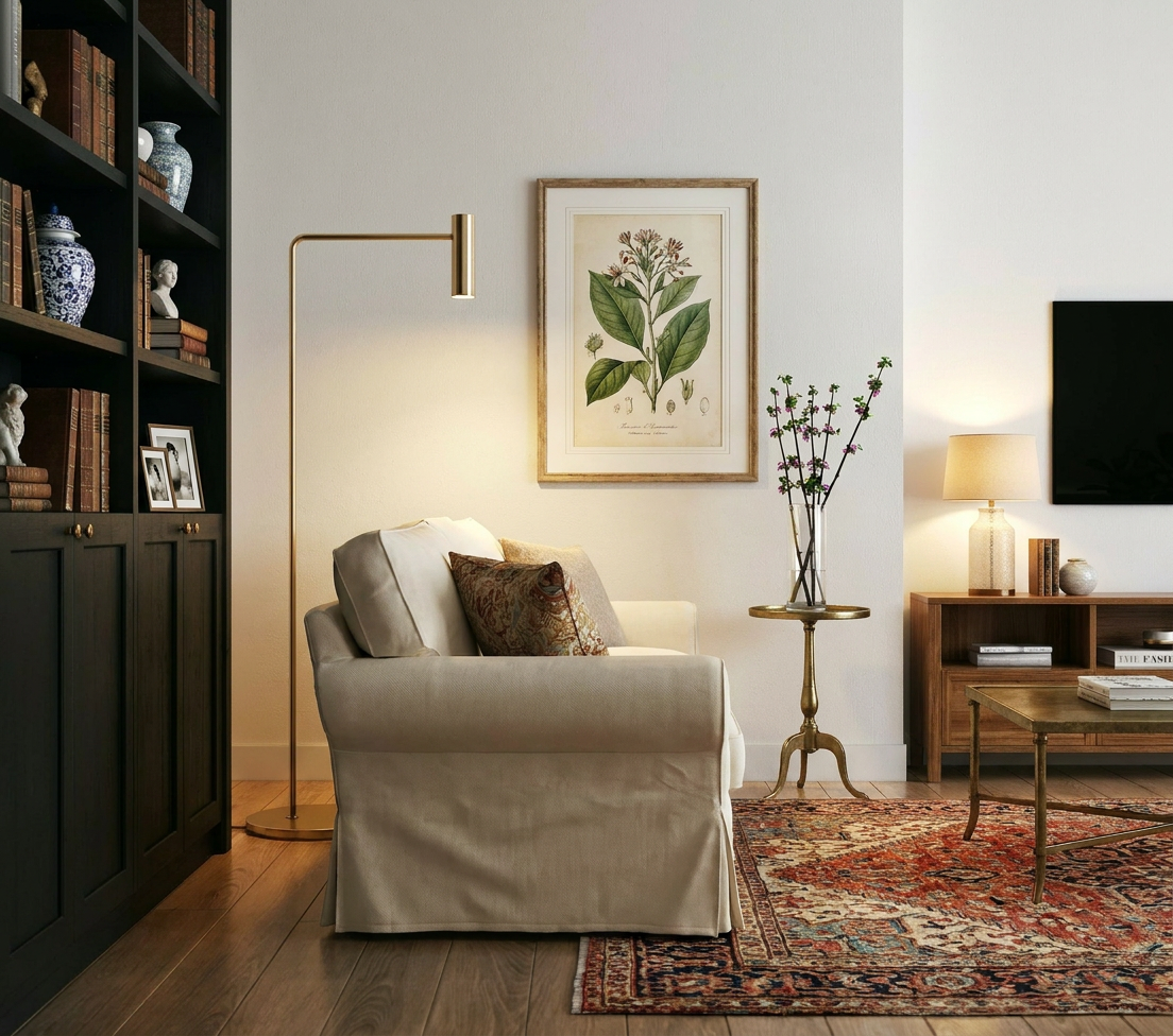 Reimagine this living room transitional traditional with a cream slipcovered sof