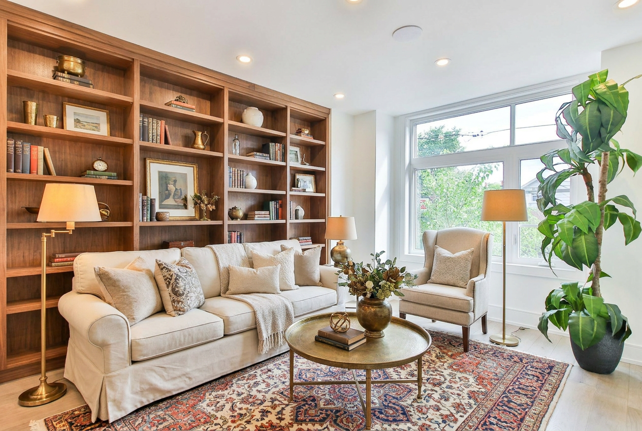 Reimagine this living room transitional traditional with a cream slipcovered sof