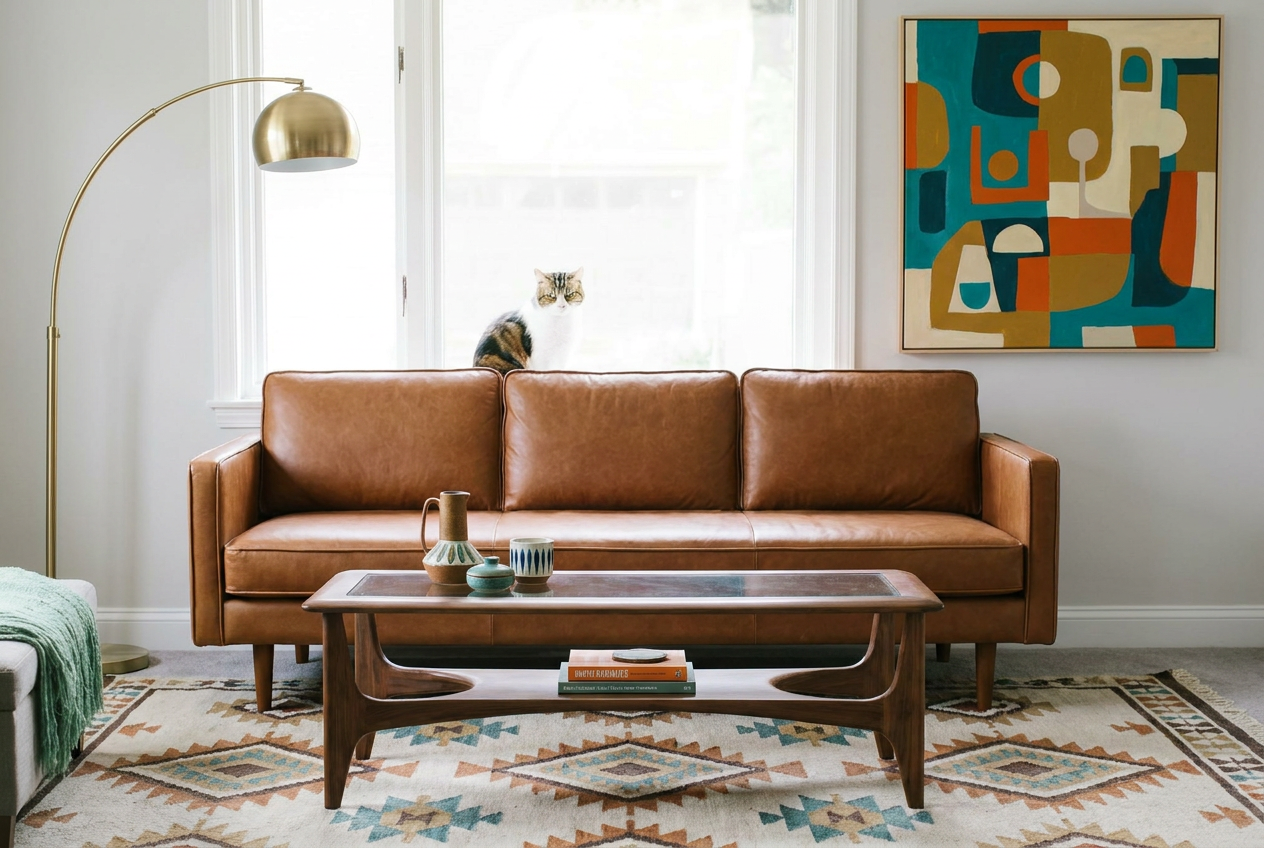 Reimagine this living room mid-century modern with a walnut coffee table, low-pr