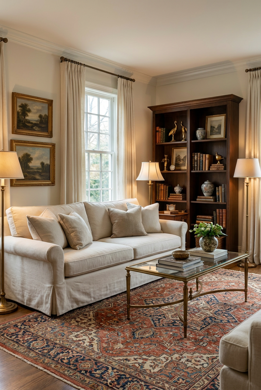 Reimagine this living room transitional traditional with a cream slipcovered sof