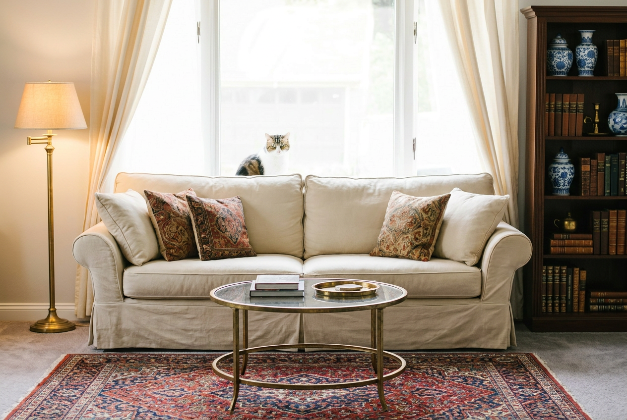 Reimagine this living room transitional traditional with a cream slipcovered sof