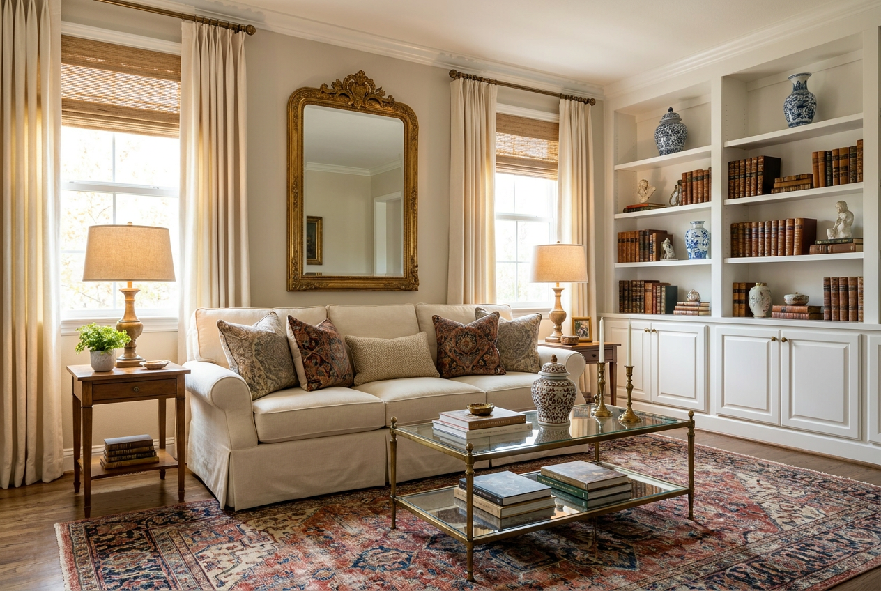 Reimagine this living room transitional traditional with a cream slipcovered sof