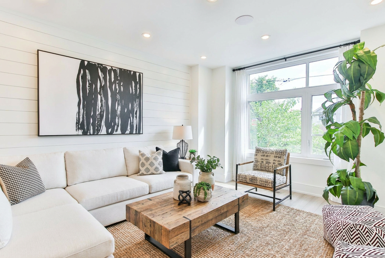 Reimagine this living room modern farmhouse with a shiplap accent wall, white se