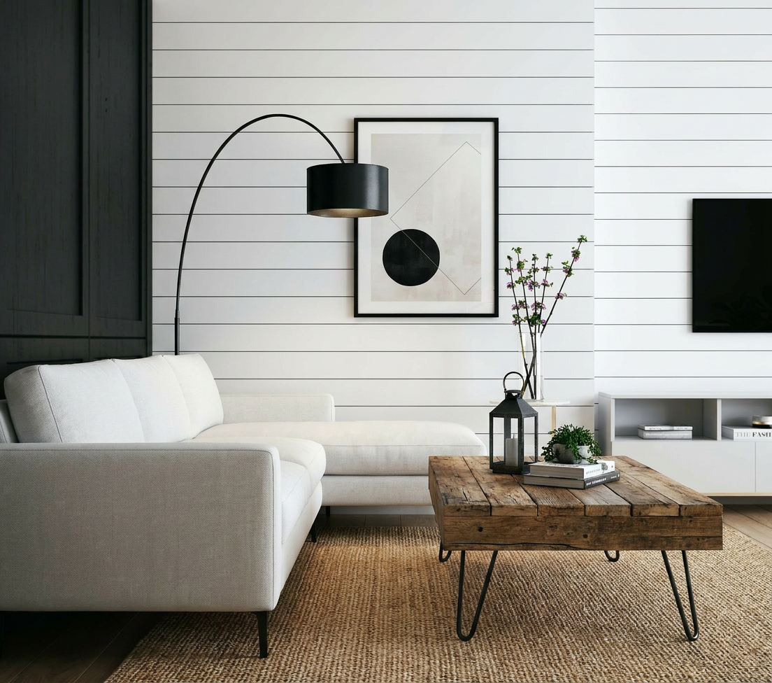 Reimagine this living room modern farmhouse with a shiplap accent wall, white se