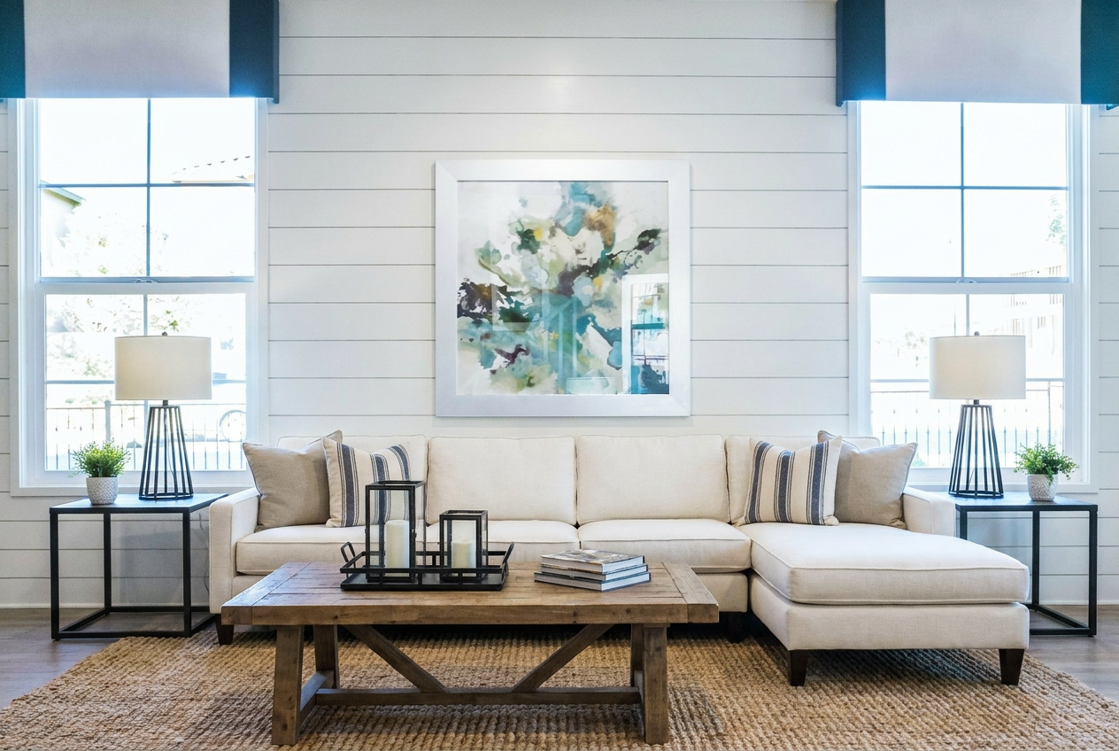 Reimagine this living room modern farmhouse with a shiplap accent wall, white se