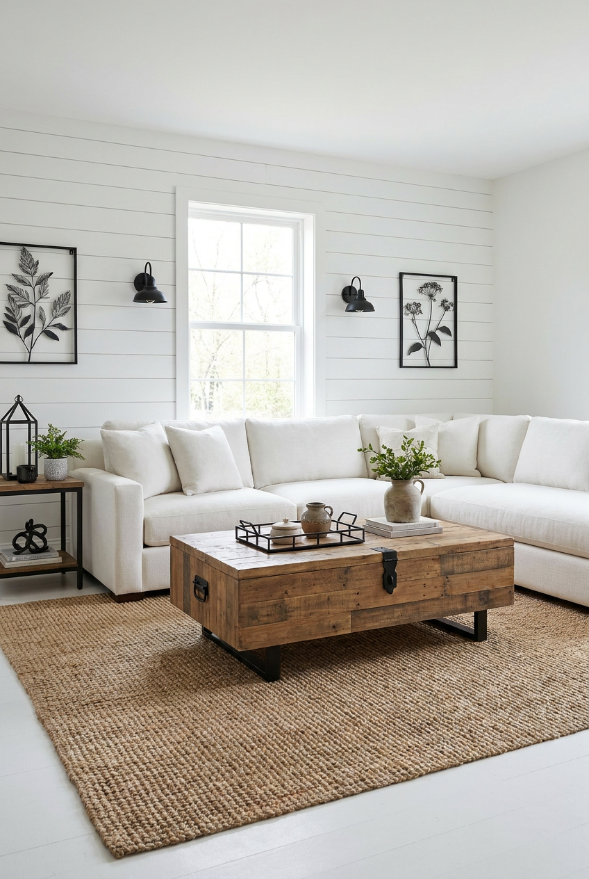 Reimagine this living room modern farmhouse with a shiplap accent wall, white se