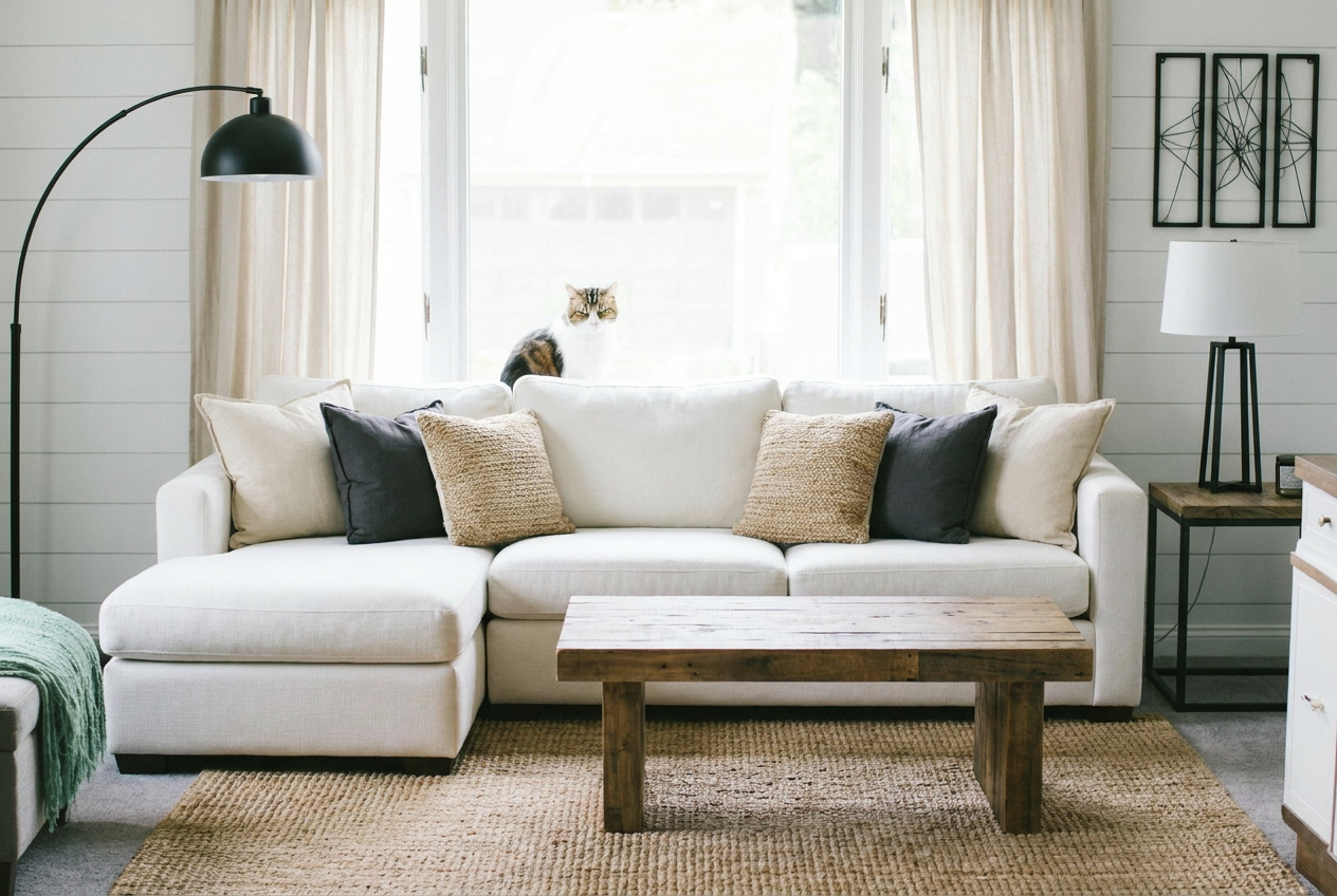 Reimagine this living room modern farmhouse with a shiplap accent wall, white se