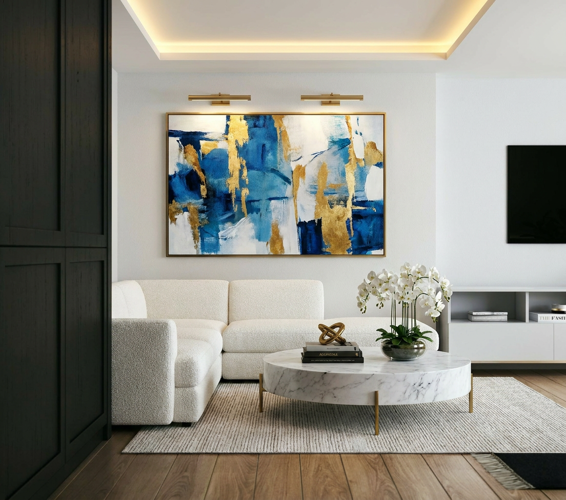 Reimagine this living room luxury contemporary with a boucle sectional, marble c