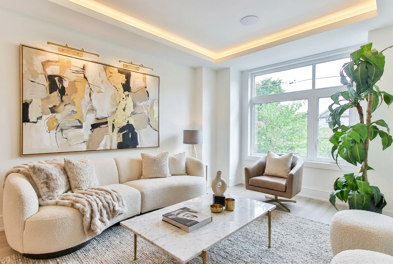 Reimagine this living room luxury contemporary with a boucle sectional, marble c