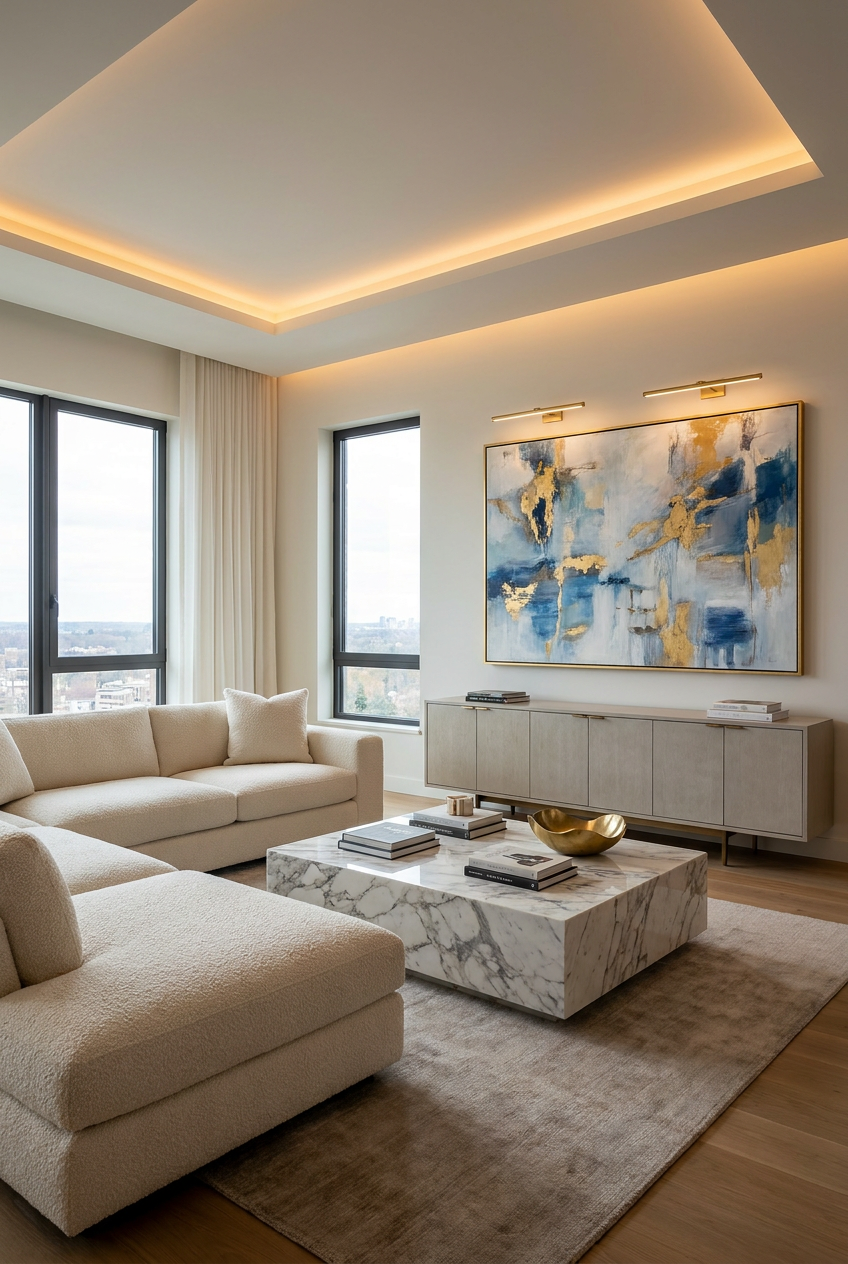 Reimagine this living room luxury contemporary with a boucle sectional, marble c