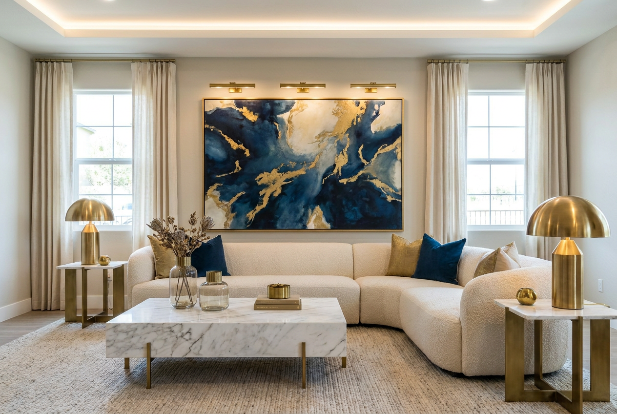 Reimagine this living room luxury contemporary with a boucle sectional, marble c
