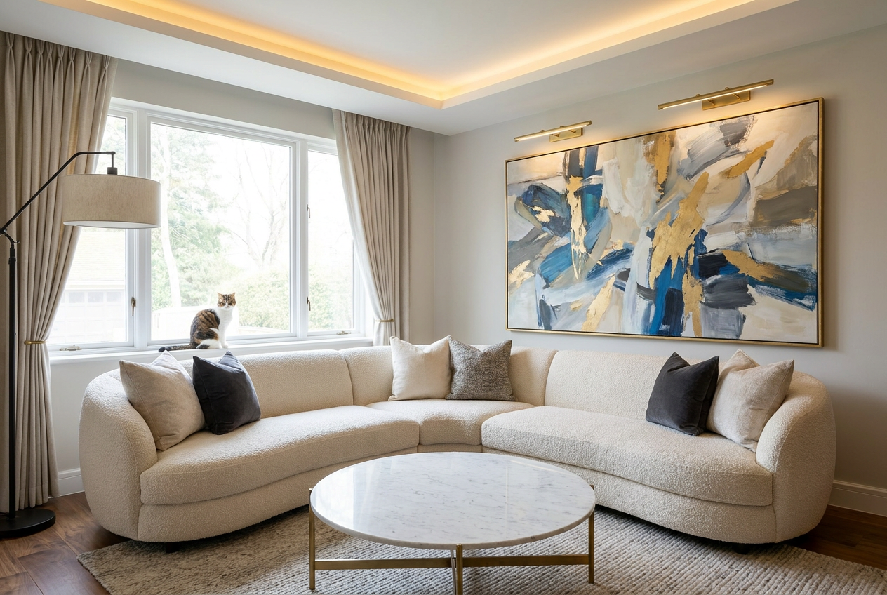 Reimagine this living room luxury contemporary with a boucle sectional, marble c