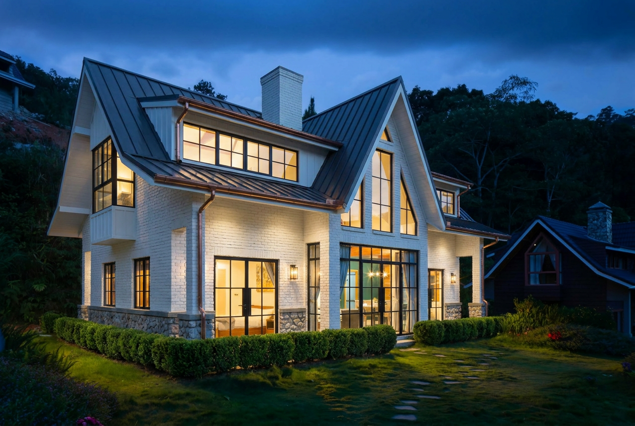 Reimagine this home exterior with painted white brick, black steel windows and d