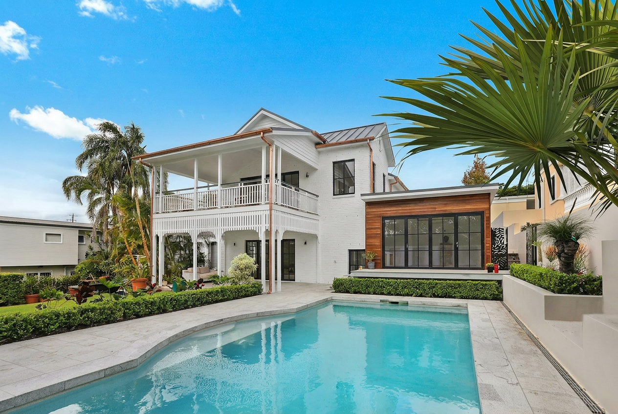 Reimagine this home exterior with painted white brick, black steel windows and d
