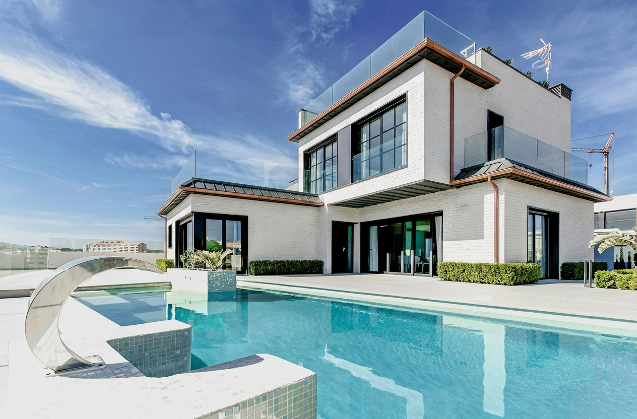 Reimagine this home exterior with painted white brick, black steel windows and d