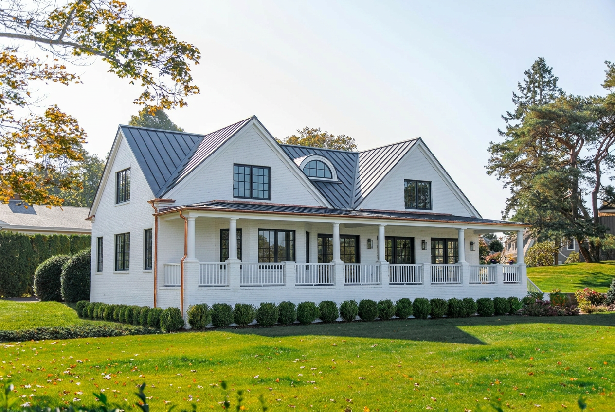Reimagine this home exterior with painted white brick, black steel windows and d