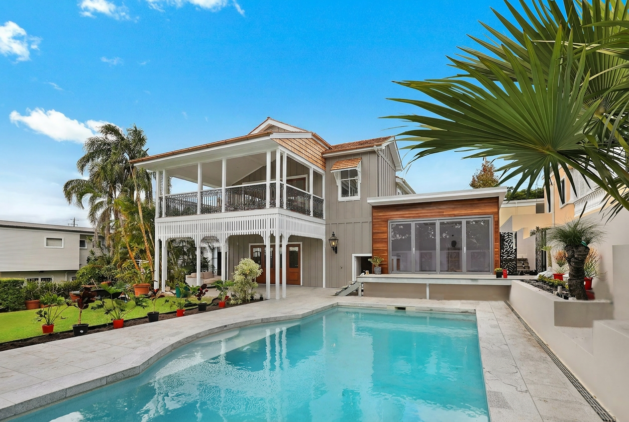 Reimagine this home exterior in warm gray board-and-batten siding, white trim, c