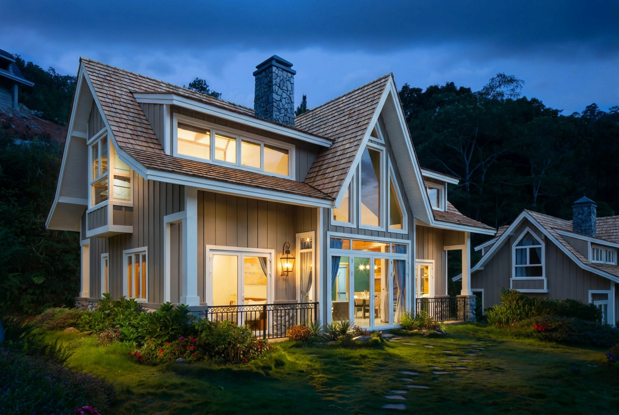 Reimagine this home exterior in warm gray board-and-batten siding, white trim, c