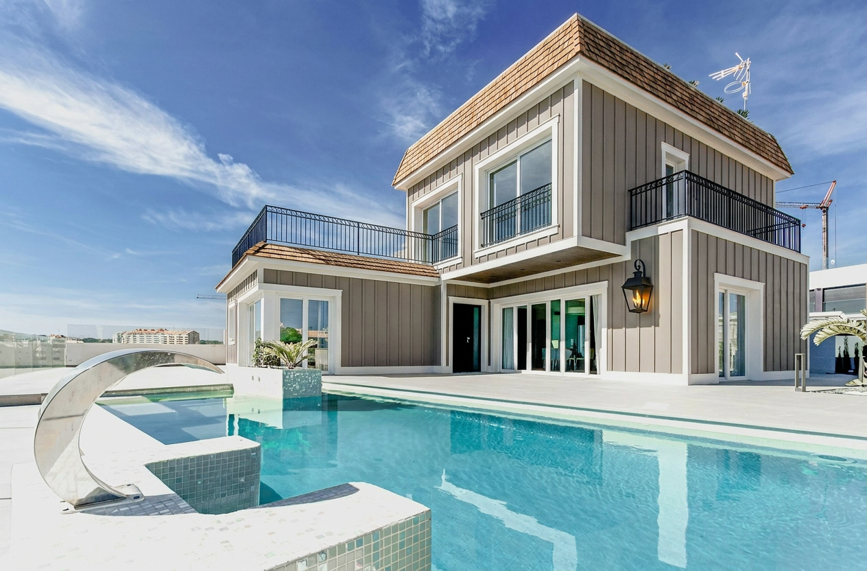 Reimagine this home exterior in warm gray board-and-batten siding, white trim, c