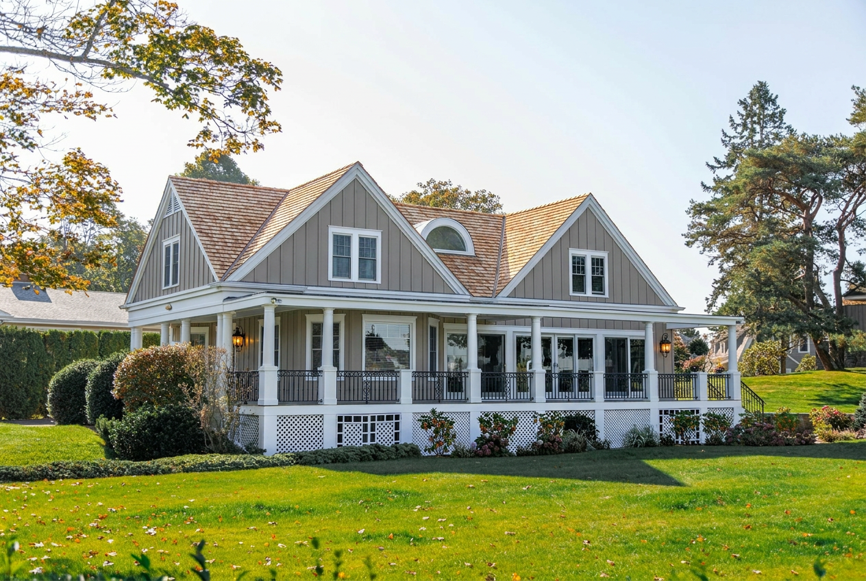 Reimagine this home exterior in warm gray board-and-batten siding, white trim, c