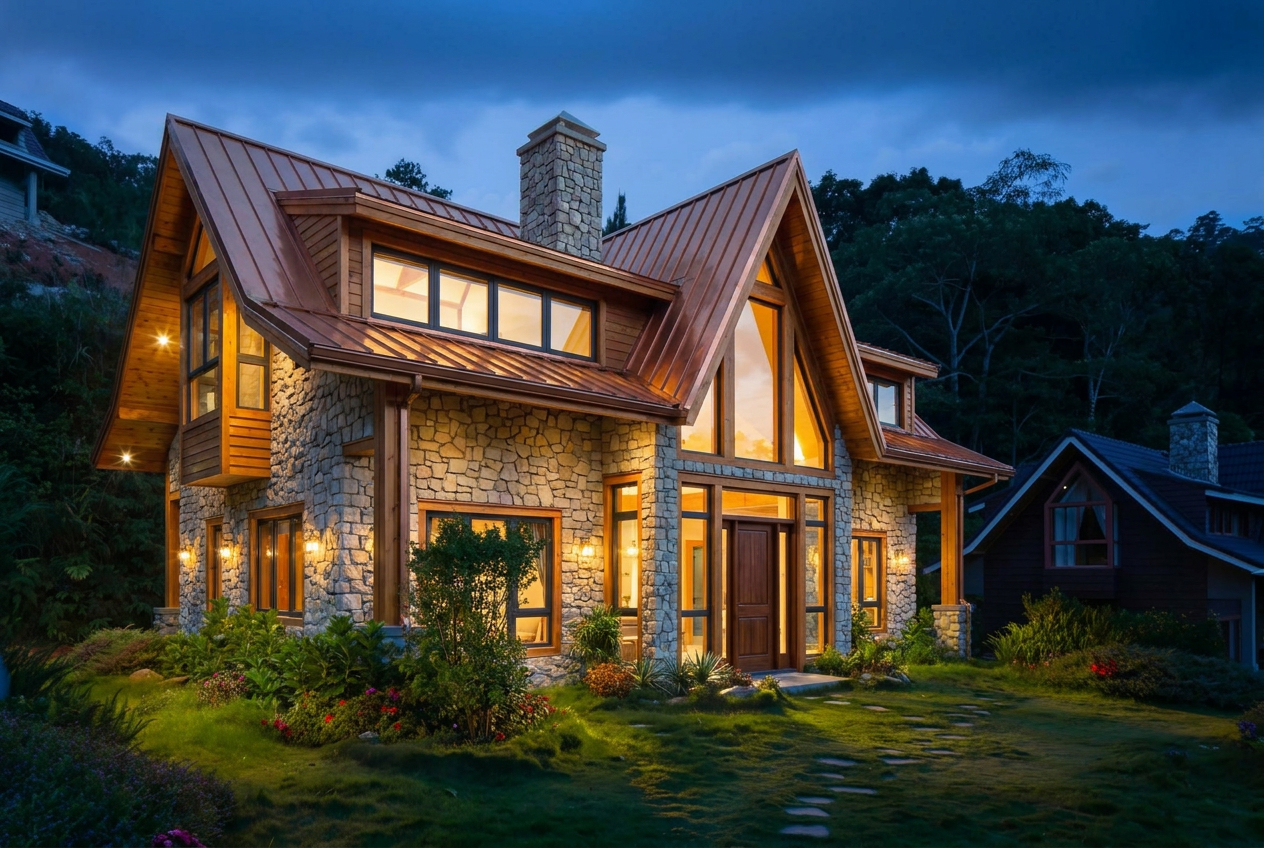 Reimagine this home exterior in natural limestone veneer with cedar trim accents