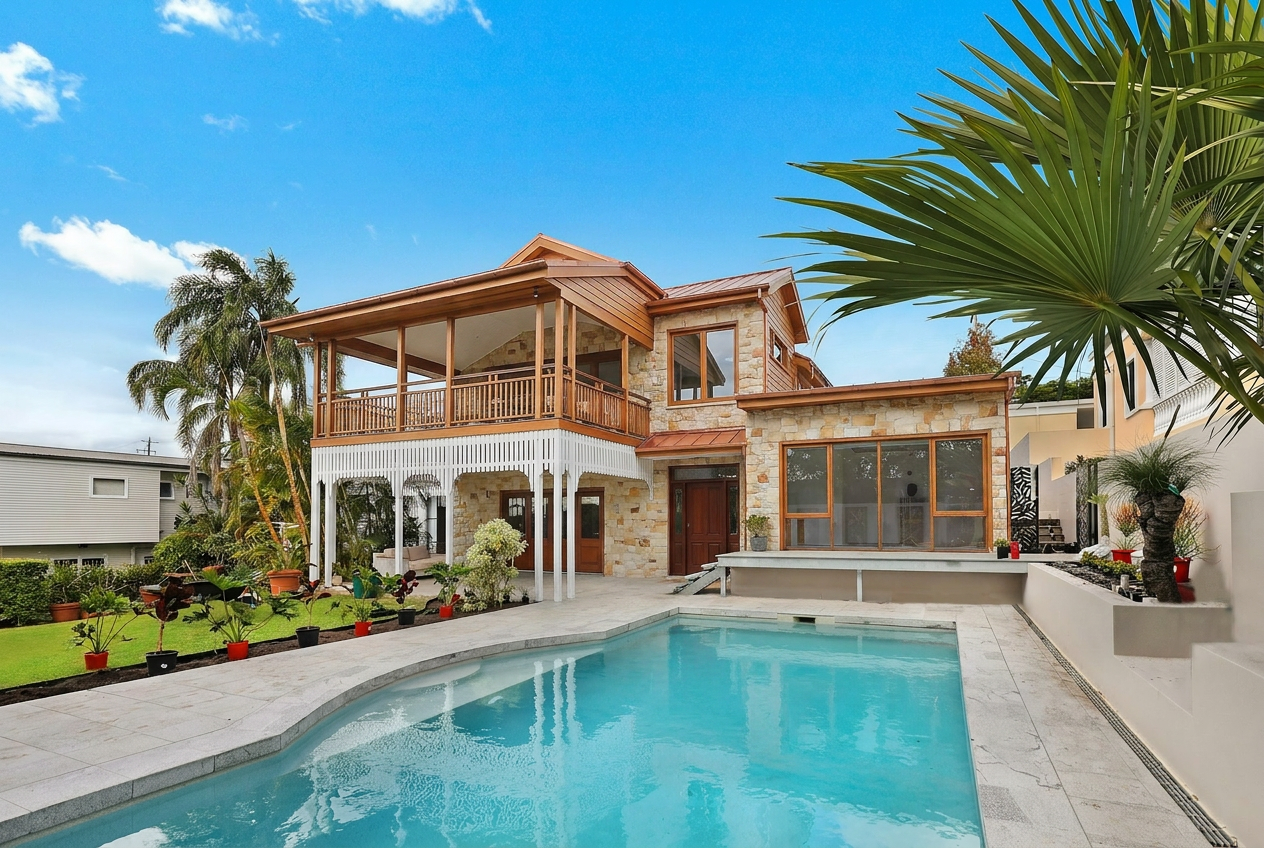 Reimagine this home exterior in natural limestone veneer with cedar trim accents