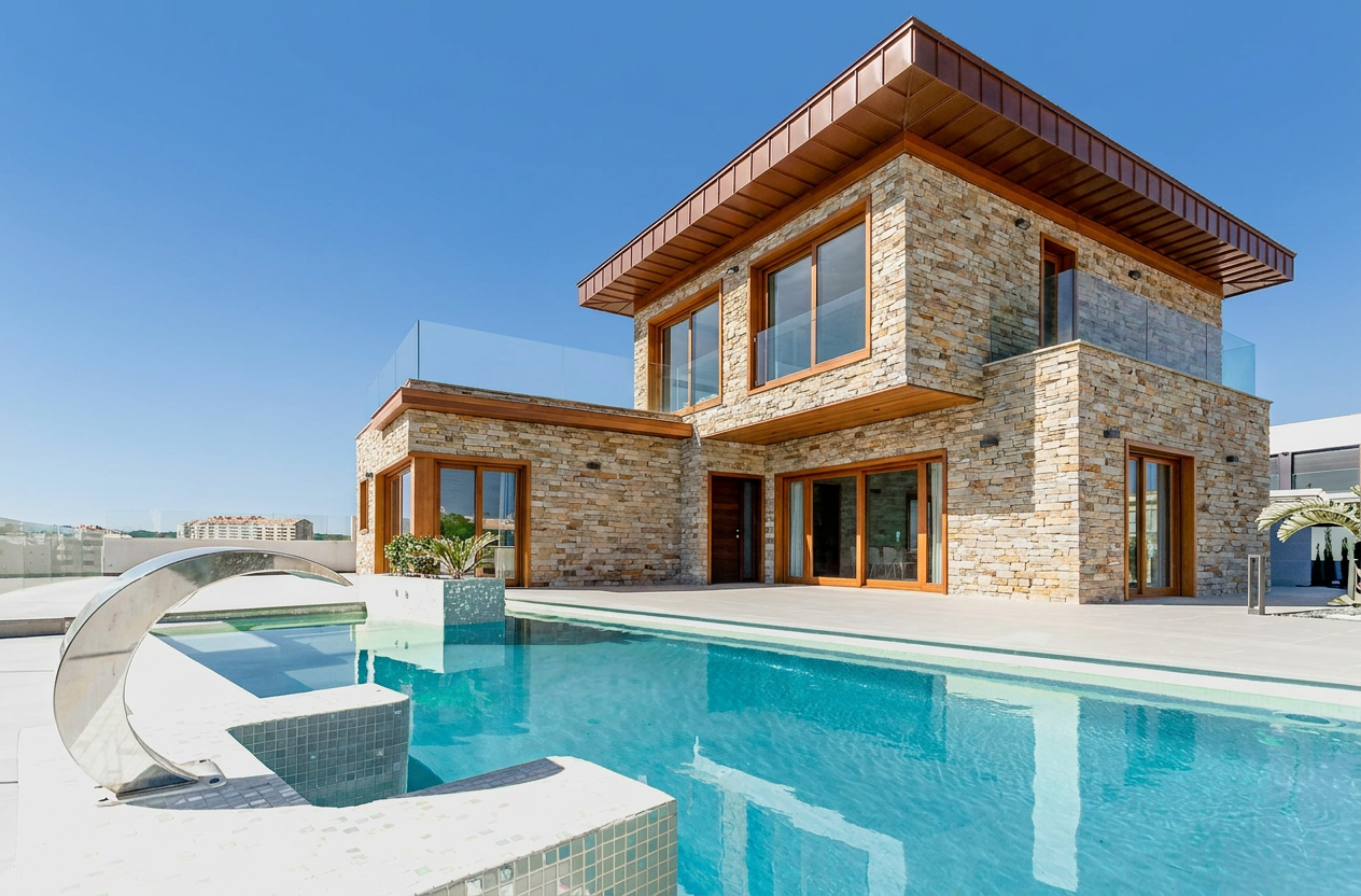 Reimagine this home exterior in natural limestone veneer with cedar trim accents