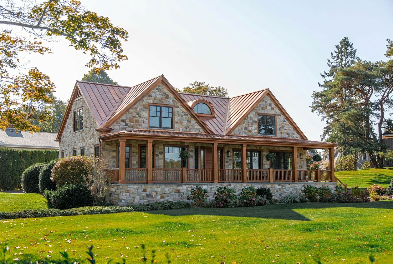 Reimagine this home exterior in natural limestone veneer with cedar trim accents