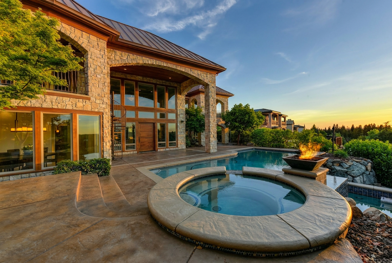 Reimagine this home exterior in natural limestone veneer with cedar trim accents