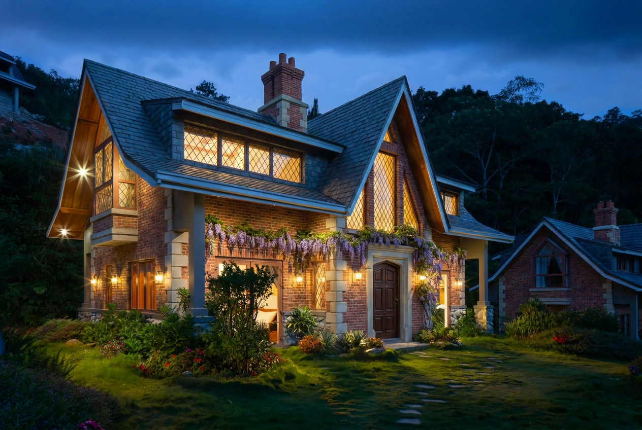 Reimagine this home exterior English country style with red brick and limestone 