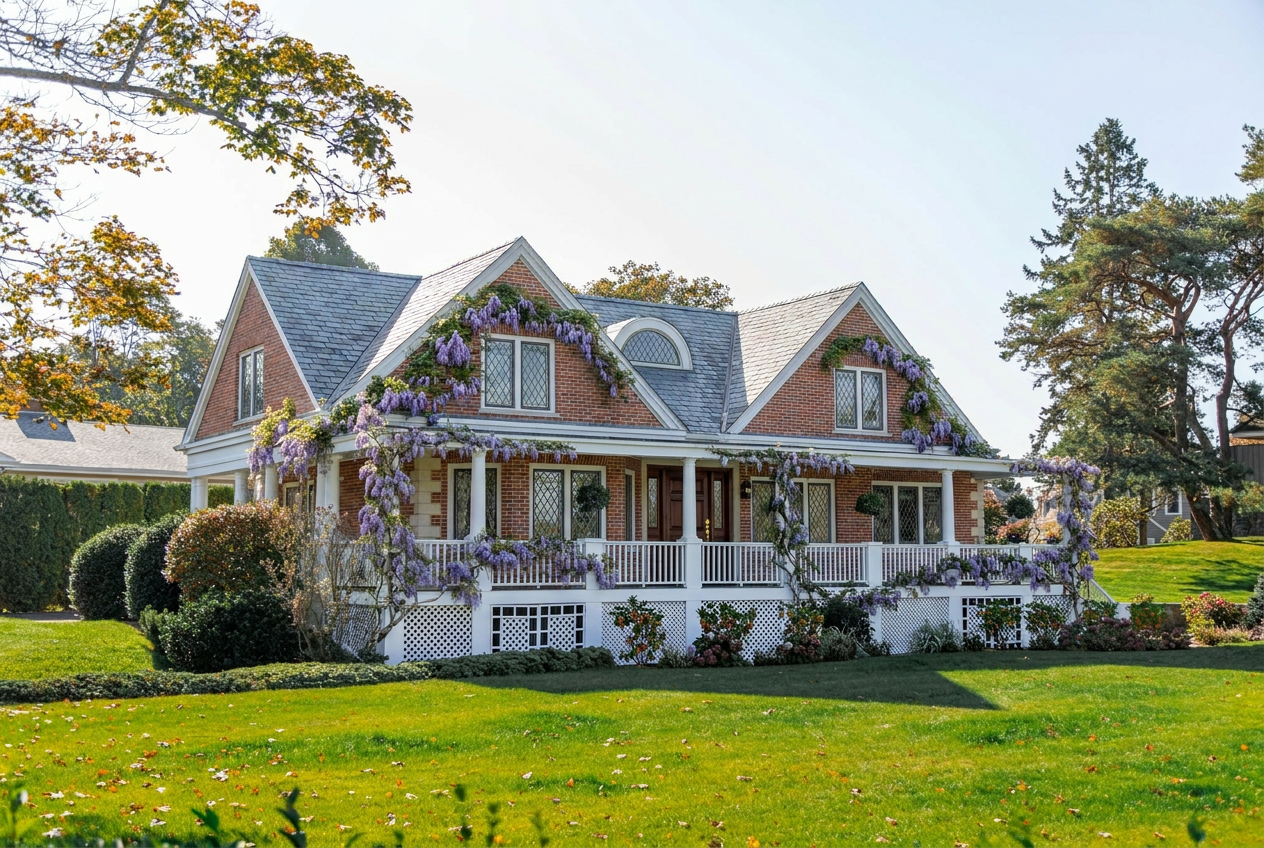 Reimagine this home exterior English country style with red brick and limestone 