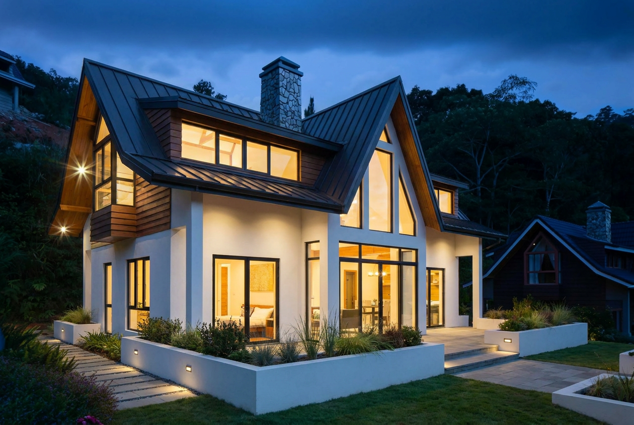 Reimagine this home exterior modern transitional with smooth white stucco lower,