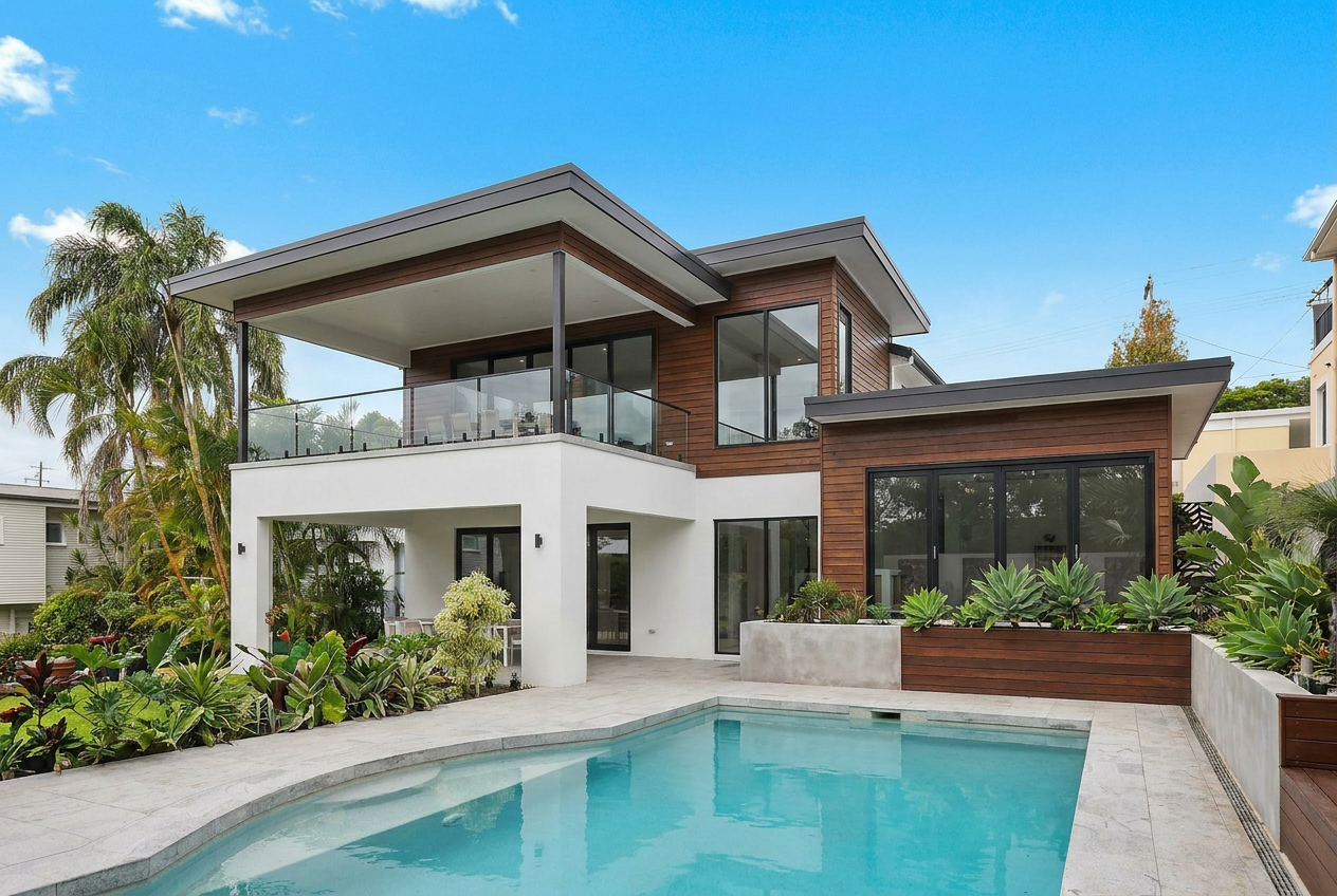Reimagine this home exterior modern transitional with smooth white stucco lower,