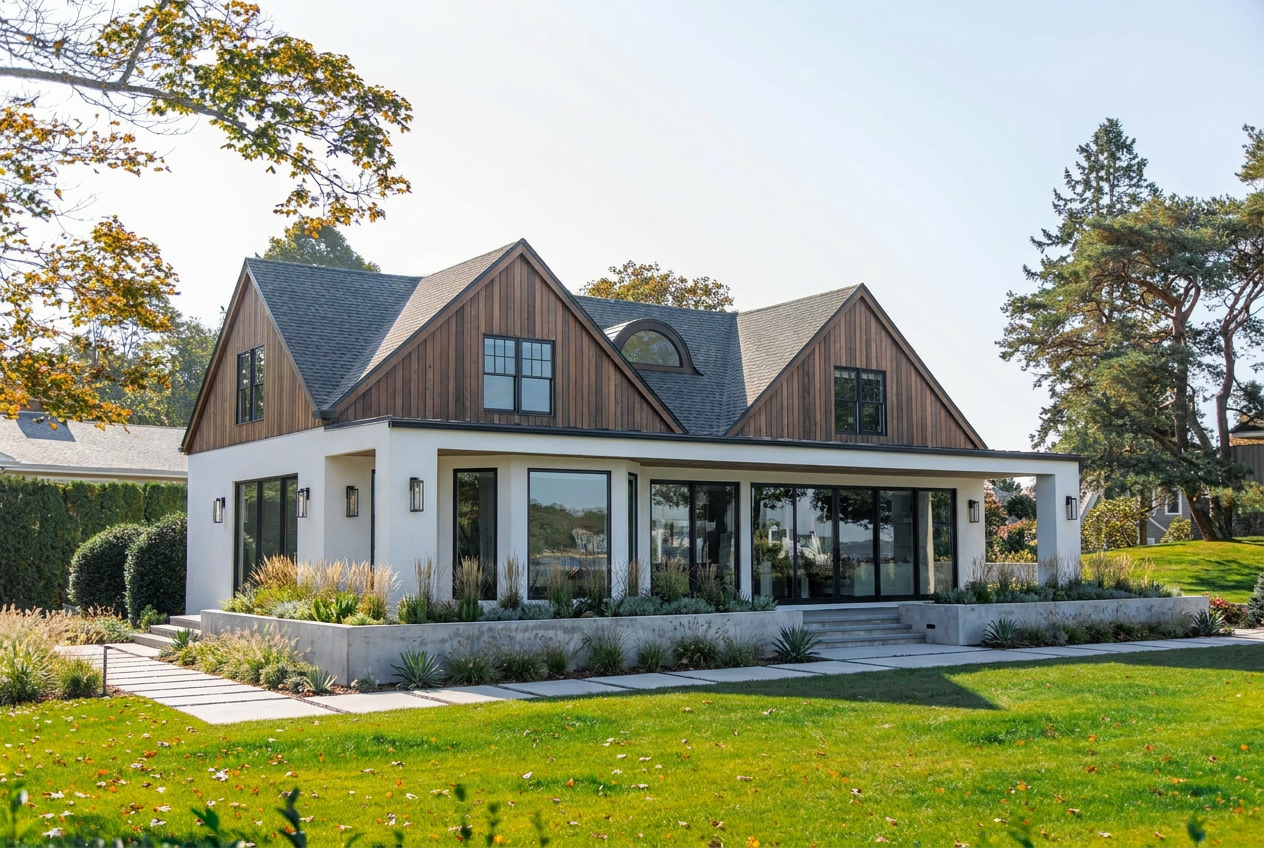 Reimagine this home exterior modern transitional with smooth white stucco lower,