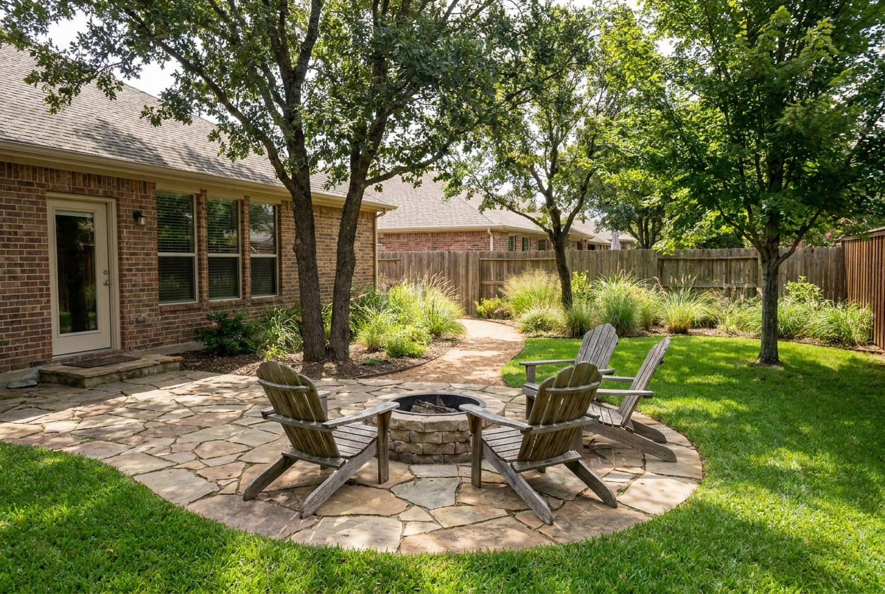 Reimagine this yard with a flagstone patio, fire pit with Adirondack chairs, mat