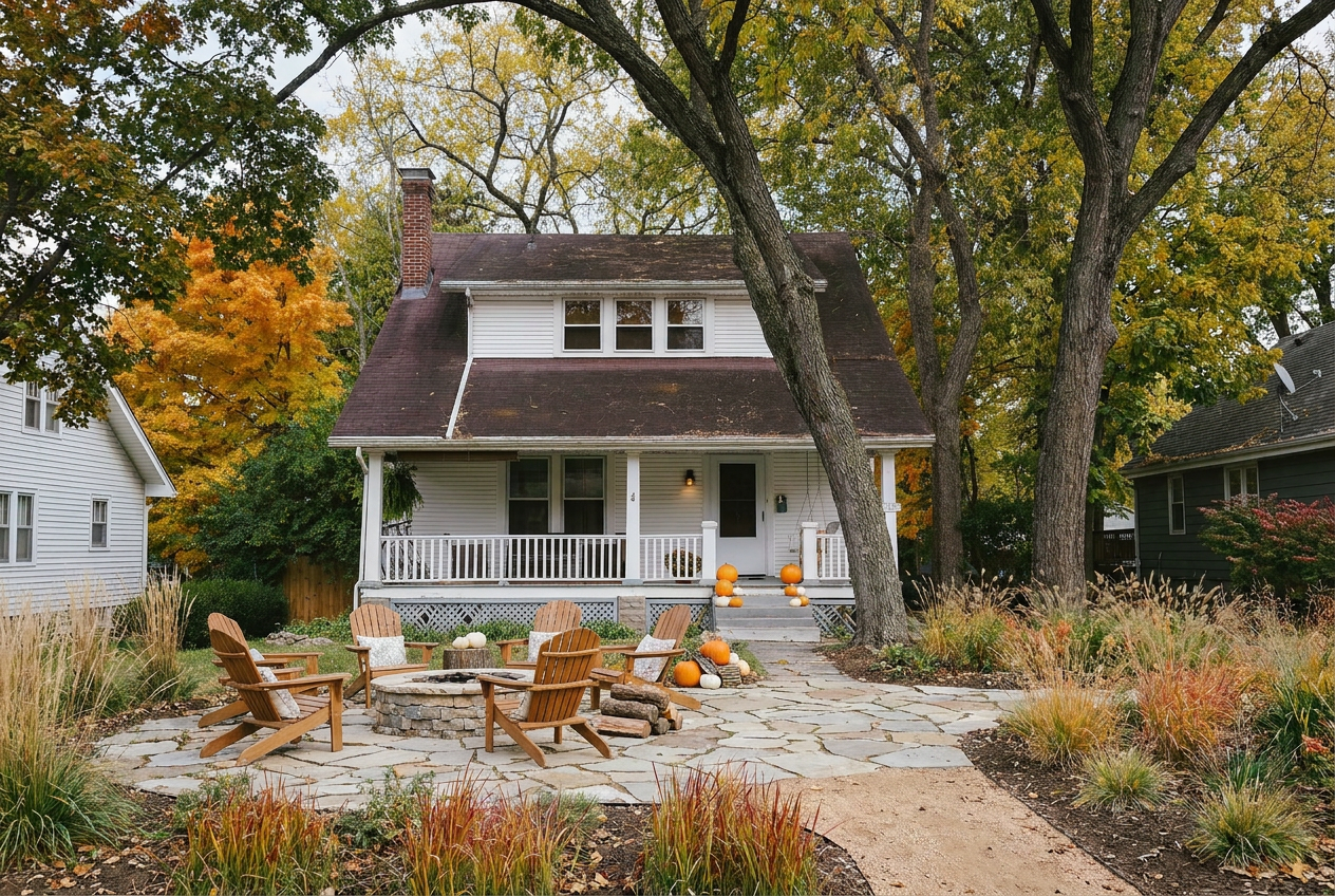 Reimagine this yard with a flagstone patio, fire pit with Adirondack chairs, mat