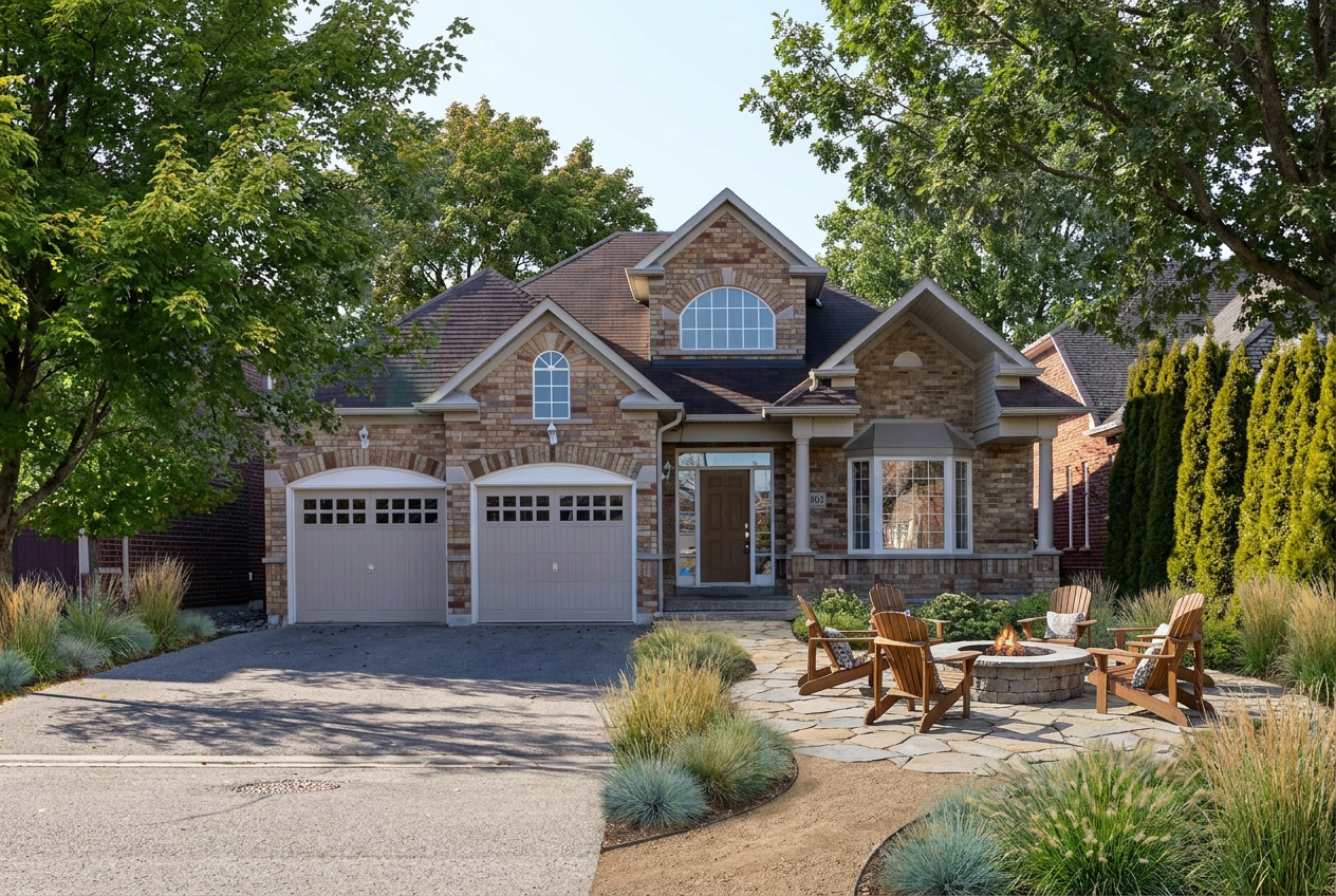 Reimagine this yard with a flagstone patio, fire pit with Adirondack chairs, mat