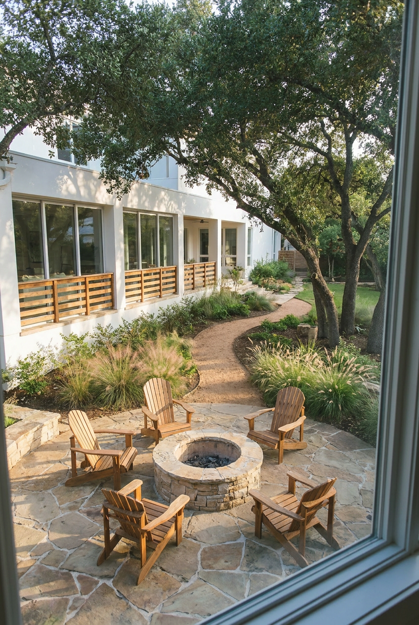 Reimagine this yard with a flagstone patio, fire pit with Adirondack chairs, mat