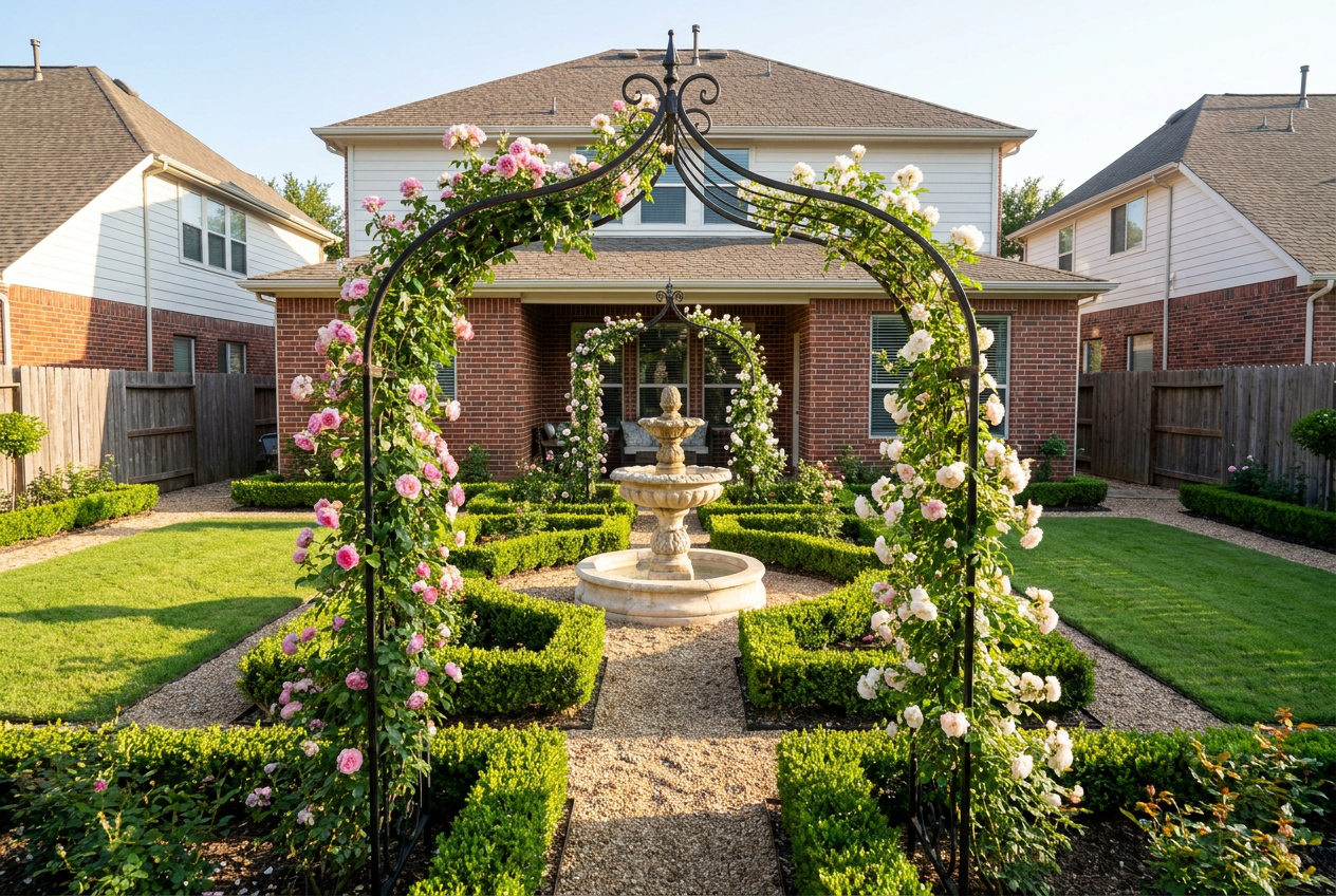 Reimagine this yard formal French style with a boxwood parterre, central limesto