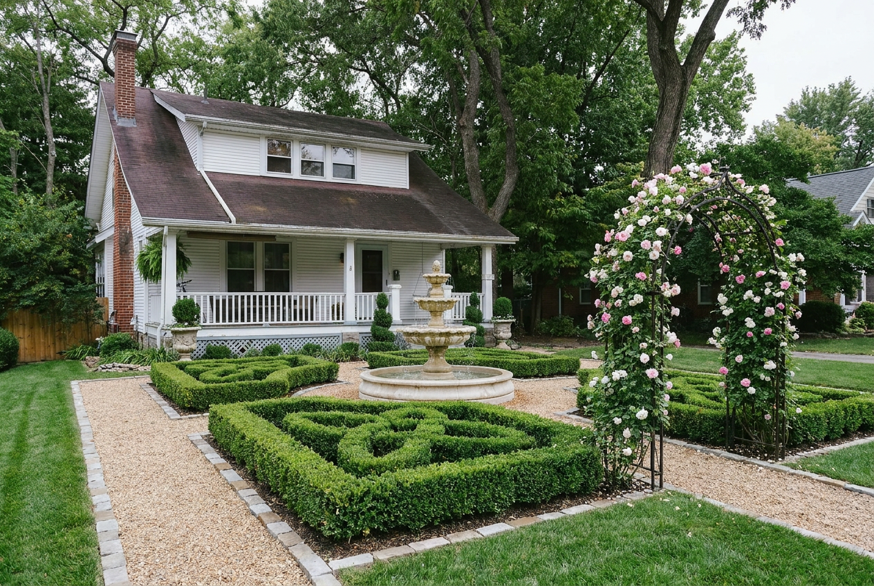 Reimagine this yard formal French style with a boxwood parterre, central limesto