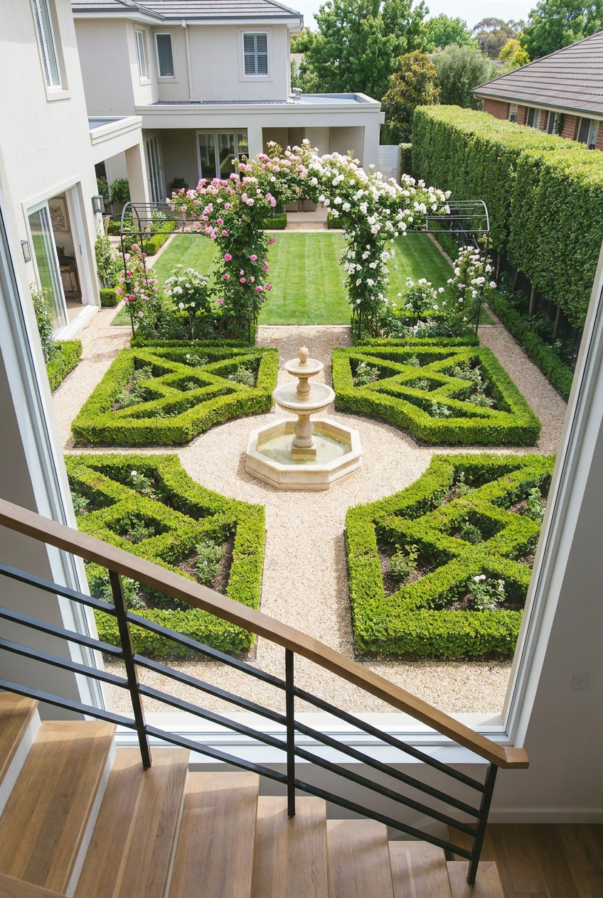 Reimagine this yard formal French style with a boxwood parterre, central limesto