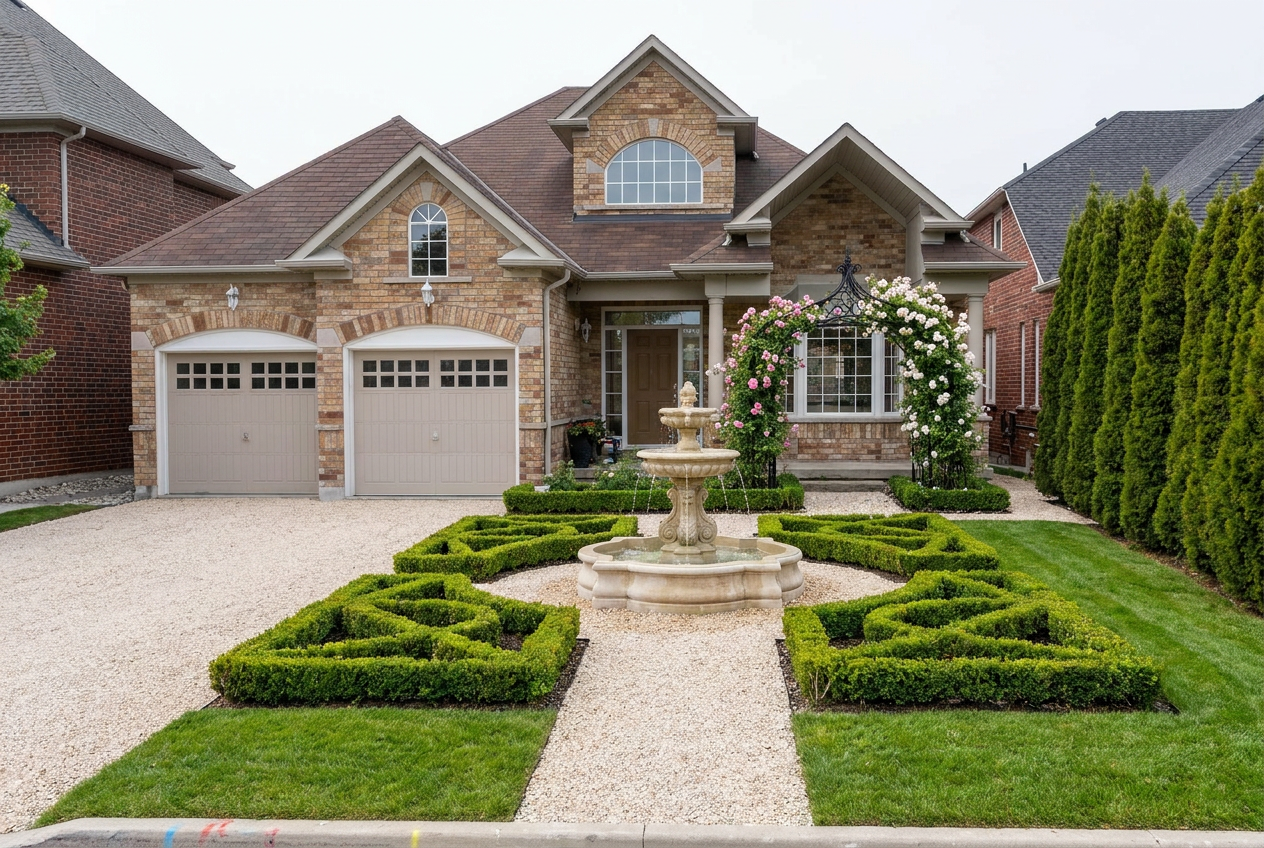 Reimagine this yard formal French style with a boxwood parterre, central limesto
