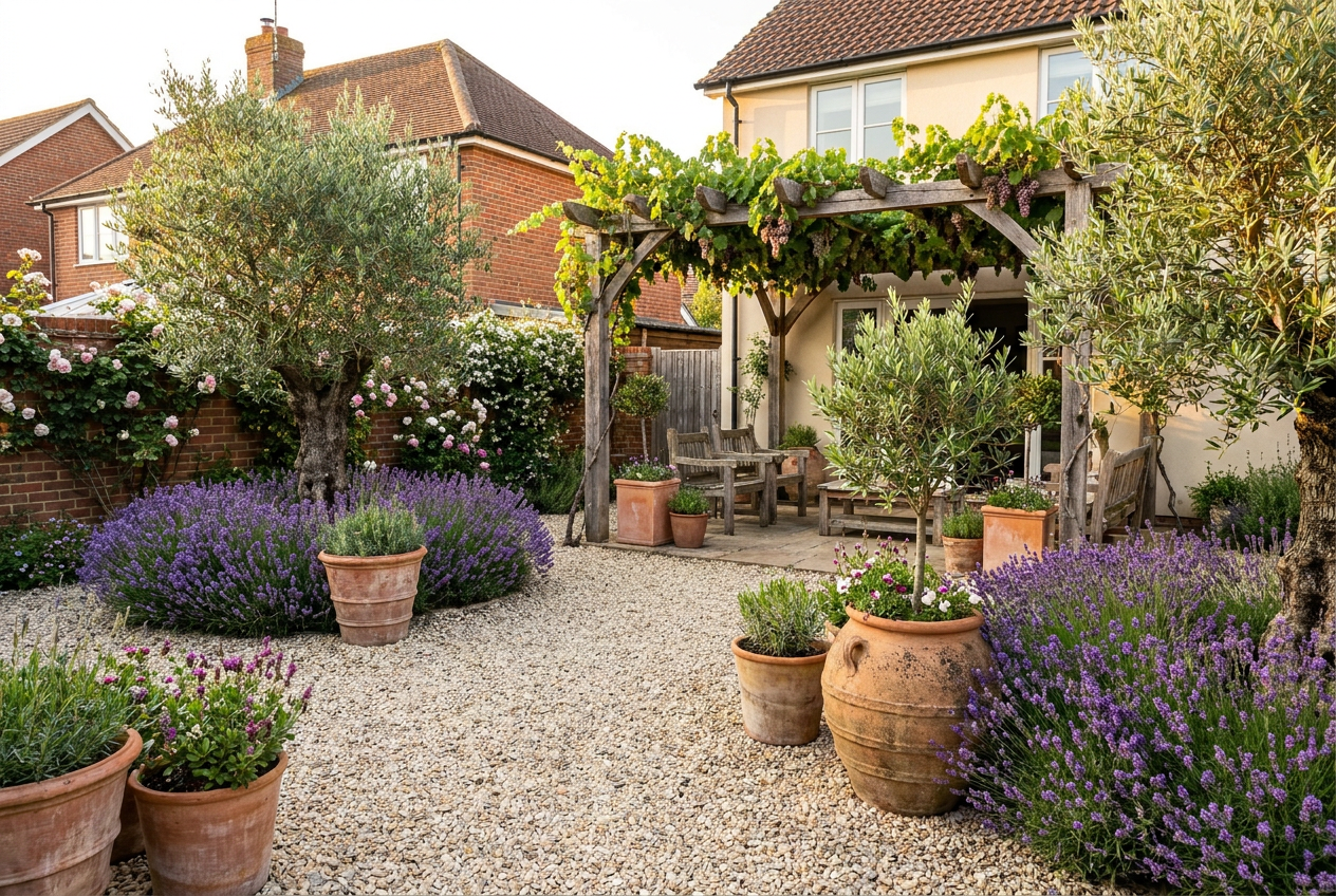 Reimagine this yard Mediterranean style with olive trees, lavender massings, lim