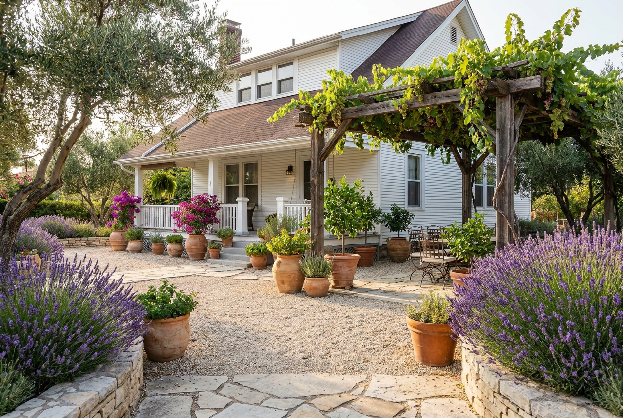 Reimagine this yard Mediterranean style with olive trees, lavender massings, lim