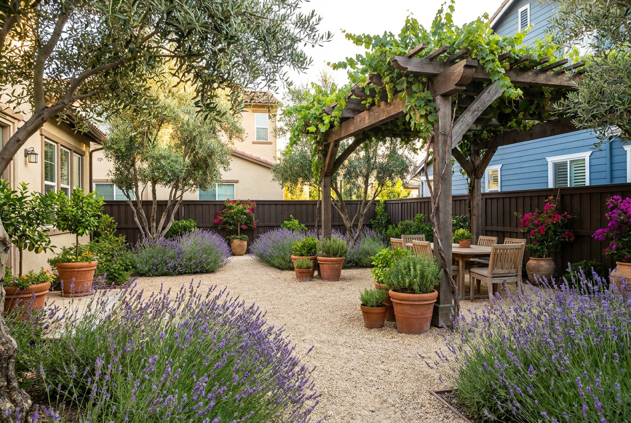 Reimagine this yard Mediterranean style with olive trees, lavender massings, lim