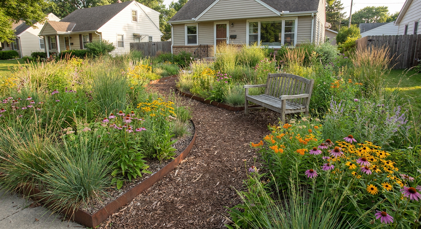 Reimagine this yard naturalistic prairie style with native grasses, prairie wild